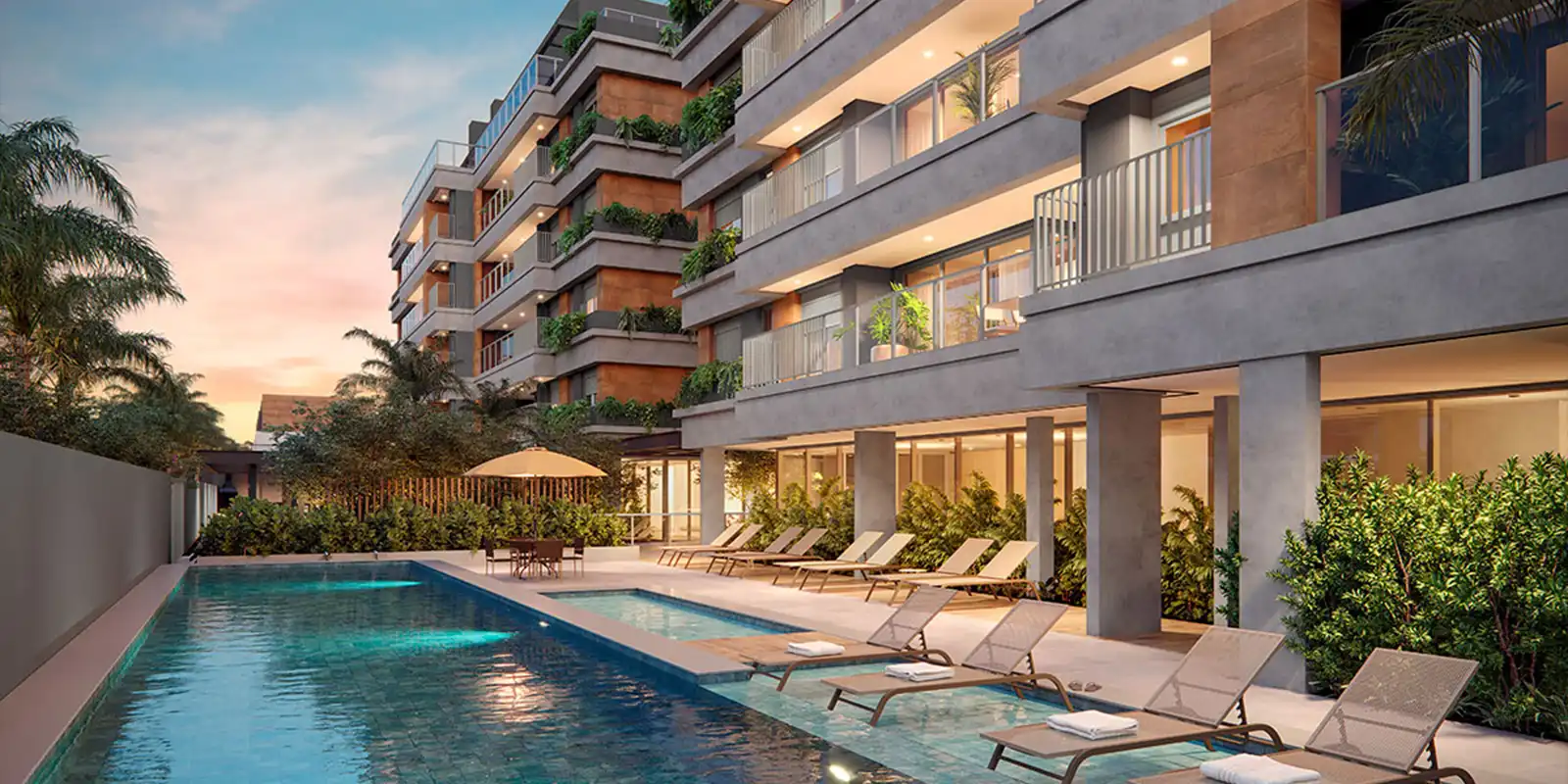 Piscina descoberta climatizada dos apartamentos