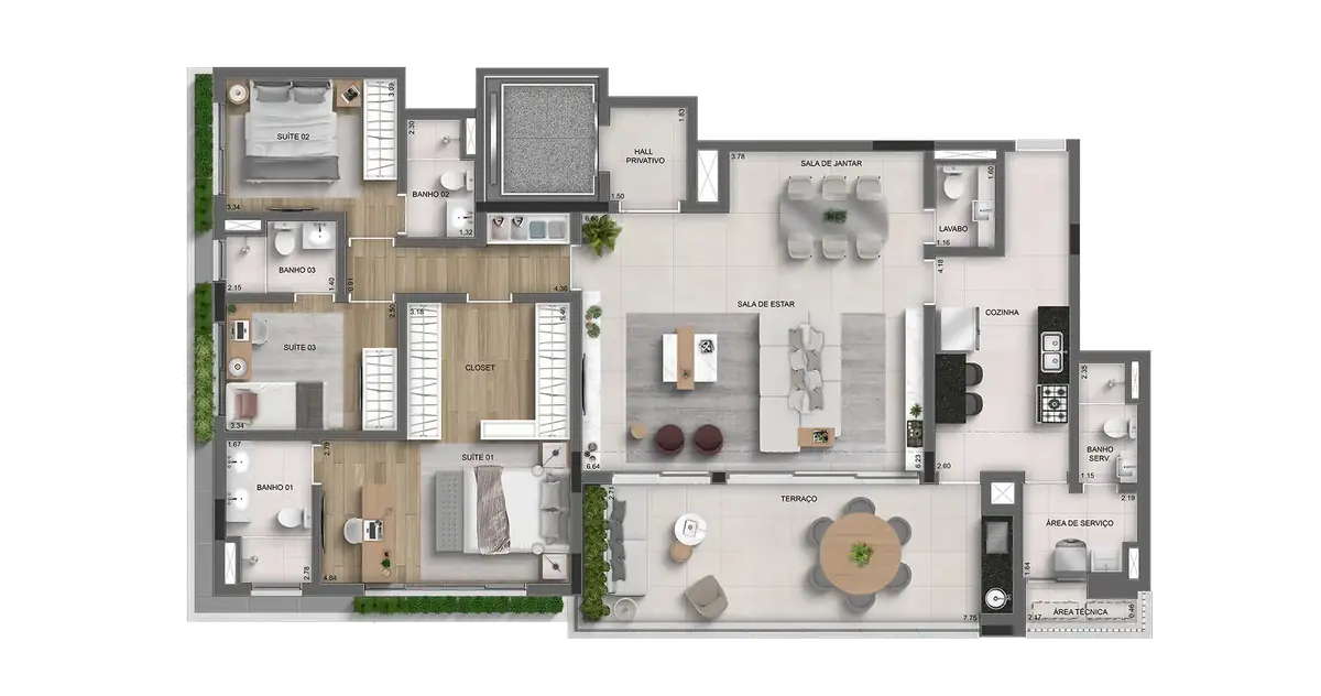 Planta do apartamento Alpha Vert de 167 m² com 3 suítes