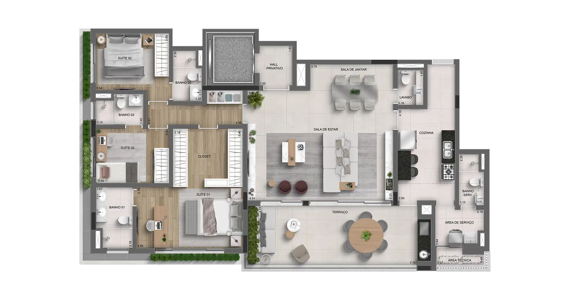 Planta do apartamento Alpha Vert de 167 m² com 3 suítes